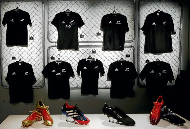 ?? GETTY IMAGES ?? The All Blacks jerseys produced by adidas over the years are displayed during the launch of the new All Blacks jersey in Tokyo on Wednesday.
