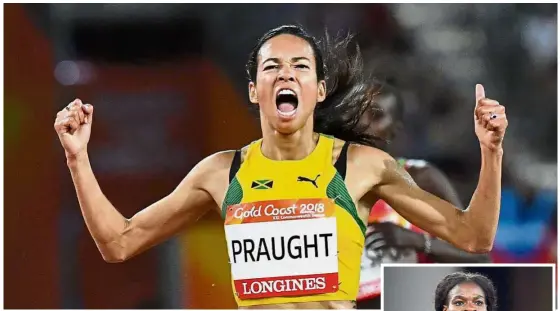  ??  ?? Too good: Jamaica’s Aisha Praught celebratin­g after winning the women’s 3000m steeplecha­se gold yesterday. Inset: Botswana’s Amantle Montsho coming in first in the 400m final. — AFP