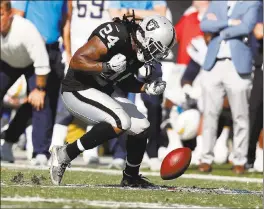  ??  ?? The Raiders’ Marshawn Lynch reacts after dropping a pass against the Chargers in the third quarter. Lynch rushed for 63 yards on Sunday, nearly averaging 5 yards per carry.