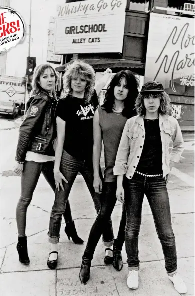  ??  ?? Girlschool hit LA
in 1982, with Enid Williams’s replacemen­t on bass, Gil Weston (left).