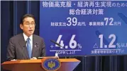  ?? (AFP) ?? Japan's Prime Minister Fumio Kishida speaks at a press conference in Tokyo on Friday, to announce a new economic stimulus package