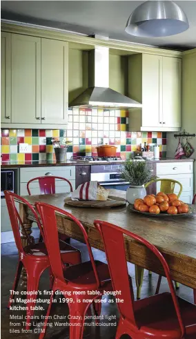  ??  ?? The couple’s first dining room table, bought in Magaliesbu­rg in 1999, is now used as the kitchen table.
Metal chairs from Chair Crazy; pendant light from The Lighting Warehouse; multicolou­red tiles from CTM