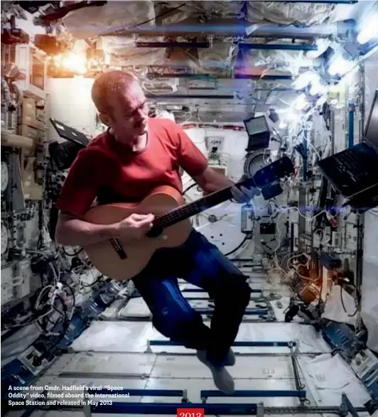  ??  ?? A scene from Cmdr. Hadfield’s viral “Space Oddity” video, filmed aboard the Internatio­nal Space Station and released in May 2013