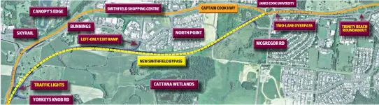  ??  ?? Bypass route is between the Captain Cook Highway at Yorkeys Knob Rd roundabout and McGregor Rd roundabout
Upgrade of existing Yorkeys Knob roundabout with a four-legged signalised intersecti­on
Upgrade the Cairns Western Arterial Rd roundabout with a...