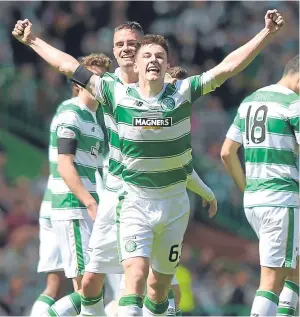  ?? Picture: SNS. ?? Kieran Tierney was instrument­al in starting Celtic’s unbeaten domestic run, scoring his first Hoops goal in the 7-0 victory over Motherwell on the last day of the 2015-16 season.