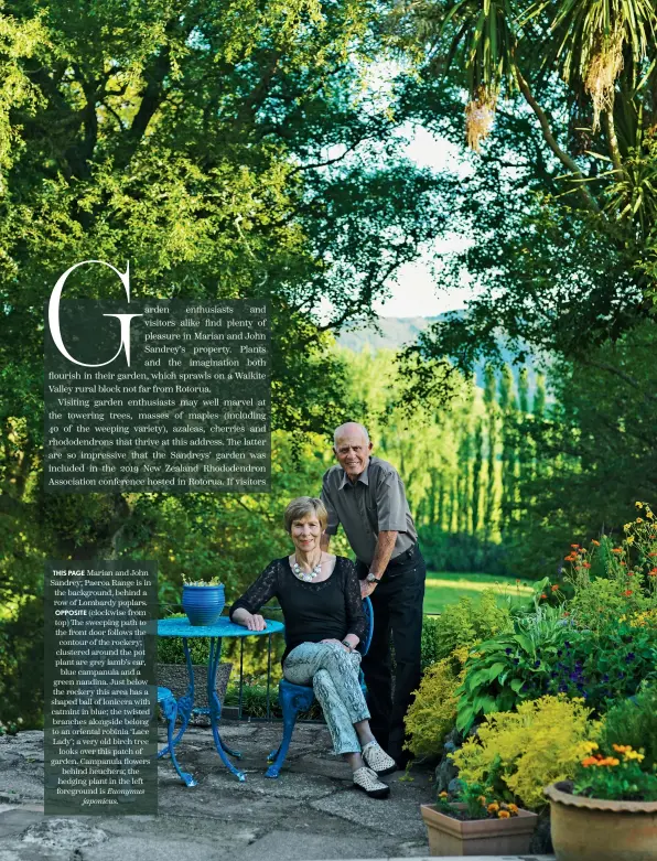  ??  ?? THIS PAGE Marian and John Sandrey; Paeroa Range is in the background, behind a row of Lombardy poplars. OPPOSITE (clockwise from top) The sweeping path to the front door follows the contour of the rockery; clustered around the pot plant are grey lamb’s ear, blue campanula and a green nandina. Just below the rockery this area has a shaped ball of lonicera with catmint in blue; the twisted branches alongside belong to an oriental robinia ‘Lace Lady’; a very old birch tree looks over this patch of garden. Campanula flowers behind heuchera; the hedging plant in the left foreground is Euonymus japonicus.