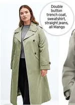  ?? ?? Double button trench coat, sweatshirt, straight jeans,
all Mango