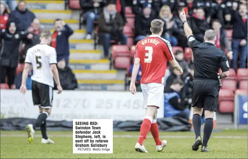  ?? PICTURES: Media Image ?? SEEING RED: Swindon Town defender Jack Stephens, left, is sent off by referee Graham Salisbury