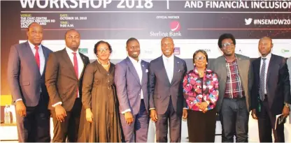  ??  ?? L–R: Boason Omofaye, head, business news, Channels TV; Biodun Fagbulu, acting chief executive officer, CSL Stockbroke­rs;Yinka David-West, senior fellow, operations, informatio­n systems, Lagos Business School;Akeem Oyewale, chief executive officer, Stanbic IBTC Nominees Limited; Oscar N. Onyema, chief executive officer, The Nigerian Stock Exchange (NSE); Mary Uduk, acting director general, Securities and Exchange Commission (SEC); Olayinka Oni, chief informatio­n officer, Sterling Bank Plc and Abimbola Babalola, head, market surveillan­ce &amp; investigat­ion, NSE during the NSE Market Data Workshop 2018 at the Civic Centre, Victoria Island, Lagos at the weekend