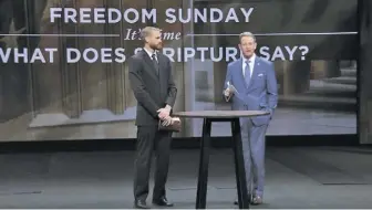  ?? VIDEO GRAB ?? Brian Hermsmeier, bi-vocational pastor at Slate Mills Baptist Church, joined Tony Perkins of the Family Research Council on “Freedom Sunday” in October. Perkins invited Hermsmeier to speak about the lawsuit against Northam. No one in the crowd was wearing a face covering.
