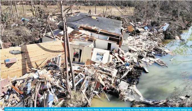  ??  ?? FLORIDA: A destroyed house sits in debris and rubble in the aftermath of Hurricane Michael in Mexico Beach, Florida. The hurricane hit on October 10 along the Florida Panhandle as a category 4 storm causing massive damage and claimed the lives of more then a dozen people. —AFP