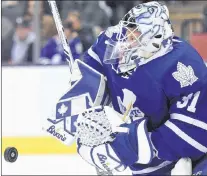  ?? CANADIAN PRESS FILE PHOTO/FRANK GUNN ?? Garrett Sparks, shown in this file photo playing for the Toronto Maple Leafs in the 2015-16 season, is fairly typical of the kind of goaltender­s who find themselves in the ECHL. Sparks, a 2011 draft pick of the Maple Leafs, bounced between Toronto’s...