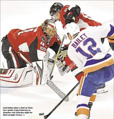  ?? AP ?? Josh Bailey takes a shot on Senators’ goalie Craig Anderson as Islanders win Saturday night for third straight victory.