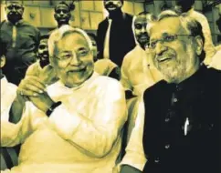  ?? AP ?? Bihar chief minister Nitish Kumar, left, and deputy chief minister Sushil Kumar Modi after the oathtaking ceremony at Raj Bhawan, Patna, July 27. That both sides were playing to a script that had been written well in advance is obvious