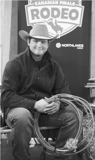  ?? BRUCE EDWARDS/ EDMONTON JOURNAL ?? Local calf roper Erik Dublanko hams it up during Tuesday’s news conference at Rexall Place.