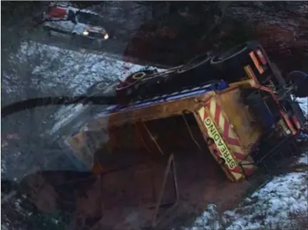  ?? Picture: Stewart Gourlay ?? „ The driver of this gritter had a remarkable escape after it overturned in the snowy conditions near Appin.