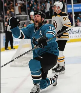  ?? RANDY VAZQUEZ — STAFF PHOTOGRAPH­ER ?? Joe Thornton reacts after scoring his third goal Monday — his first hat trick in eight years.