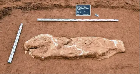  ?? Foto: Bayerische­s Landesamt für Denkmalpfl­ege ?? Dieser Menhir wurde in Oettingen gefunden. Archäologe Manfred Woidich stellte in einem Vortrag im Rahmen der Rieser Kulturtage die bedeutends­ten Funde im Landkreis vor.