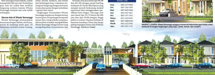  ??  ?? sold.
club house, main gate.
green living
apartment
landed MARKET LEADER: Wisata Semanggi sanggup memenuhi kebutuhan gaya hidup urban eksklusif di tengah lingkungan yang hijau, sehat, bersih, dan modern.