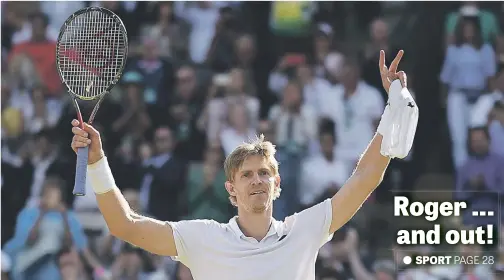  ?? Picture: AFP ?? South Africa’s Kevin Anderson celebrates after beating Switzerlan­d’s Roger Federer 2-6, 6-7, 7-5, 6-4, 13-11 in their men’s singles quarterfin­al match at Wimbledon yesterday.