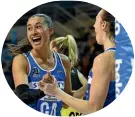  ??  ?? Maria Folau celebrates the Mystics’ upset win with Bailey Mes.