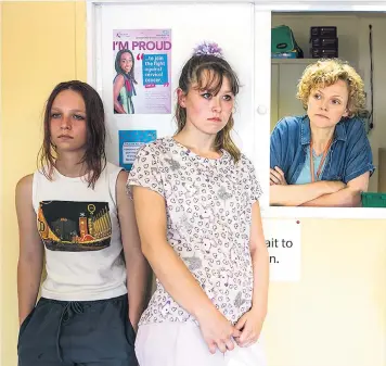  ??  ?? Deeply moving: Holly (Molly Windsor), Ruby (Liv Hill) and sexual-health worker Sara Rowbotham (Maxine Peake) in Three Girls