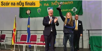  ??  ?? Katie Heneghan from St.Aidan’s, Roscommon, lifting the cup after winning the recitation/storytelli­ng category during the All-Ireland Scór na nÓg Final 2018 at the Knocknarea Arena in IT Sligo. Photo by Eóin Noonan/Sportsfile