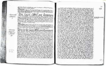  ??  ?? Entries from the pre-1858 wills of the Prerogativ­e Court of Canterbury. Clerks copied the original wills, hence the stylised handwritin­g in the PCC wills registers. Below is a section of the page above, so that you can study the handwritin­g in closer detail