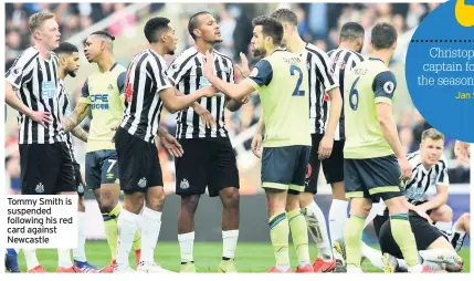  ??  ?? Tommy Smith is suspended following his red card against Newcastle