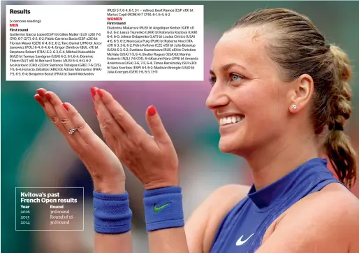  ?? AFP ?? Petra Kvitova became the first player to reach the second round of the French Open with a 6-3 6-2 win against American Julia Boserup. —