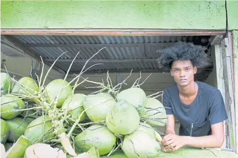  ??  ?? RIGHT
Tevin Steele at his roadside coconut stand, in Kingston, Jamaica.