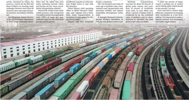  ?? WANG JIANWEI / XINHUA ?? China-Europe freight trains wait to cross the Sino-Russian border in Suifenhe, Heilongjia­ng province.