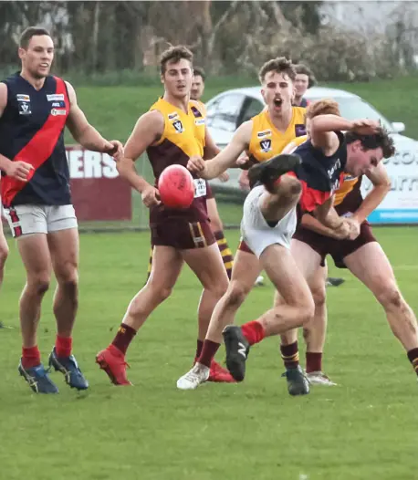  ??  ?? A Bairnsdale player drops the football and heads for a crash landing after being tackled on one arm by Drouin’s David Olsenwith team mates Todd Beck (left) and Harry Wans moving it to gather the crumbs.