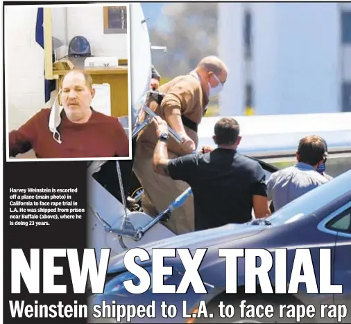  ??  ?? Harvey Weinstein is escorted off a plane (main photo) in California to face rape trial in L.A. He was shipped from prison near Buffalo (above), where he is doing 23 years.