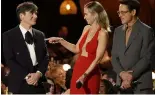  ?? ?? The stars of 'Oppenheime­r', Cillian Murphy, Emily Blunt and Robert Downey Jr. onstage at the 30th annual SAG Awards in Los Angeles.