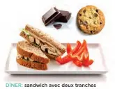  ??  ?? DÎNER: sandwich avec deux tranches de pain (Campagnolo St-Méthode,
9 grains entiers), mayonnaise, poulet blanc, 3 tranches de fromage Allégro, laitue romaine, 6 lanières de poivron rouge, 1 biscuit au chocolat maison,
2 carrés de chocolat noir 70 %.