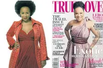  ??  ?? WRITING A WRONG: In 2009 True Love issued a public apology after the curves of author Lebo Mashile, left, were chopped off and she was given a thinner frame on its cover, right