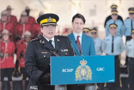  ?? MICHAEL BELL THE CANADIAN PRESS ?? Brenda Lucki speaks during a press event at RCMP “Depot” Division in Regina on Friday. Lucki, who was Depot’s commanding officer, was appointed Canada’s first female permanent RCMP commission­er.