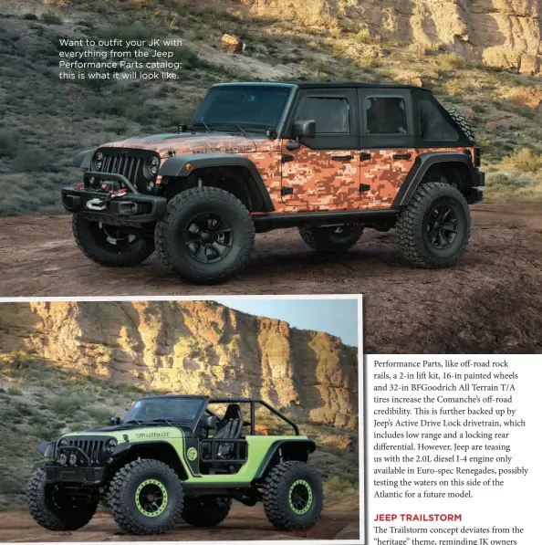  ??  ?? Want to outfit your JK with everything from the Jeep Performanc­e Parts catalog; this is what it will look like.
The Trailcat is a screaming street legal Ultra4 racer from hell