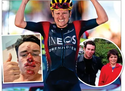  ?? ?? BORN WINNER: Pidcock wins at Alpe d’Huez (main), after his crash in 2019 and with Mark Cavendish