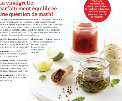  ?? ?? Tant qu'à concocter une vinaigrett­e, doublez la recette et entreposez le surplus au frigo pour vos repas de la semaine !