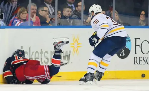  ?? BRUCE BENNETT / GETTY IMAGES ?? The Sabres’ Patrick Kaleta was suspended five games earlier this month for a dangerous hit from behind on the Rangers’ Brad Richards.