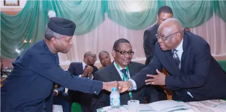  ?? Photo: State House ?? From left: Acting President Yemi Osinbajo; Chairman Presidenti­al Advisory Committee Against Corruption (PACAC), Prof Itse Sagay; and the Chief Justice of Nigeria, Justice Walter Onnoghen, during the PACAC National Dialogue on Corruption in Abuja...