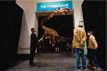  ??  ?? NEW YORK: This file photo shows visitors to the American Museum of Natural History examining a replica of a 122-foot-long dinosaur on display at the American Museum of Natural History in New York. —AP