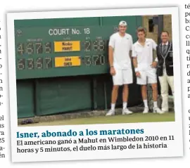  ??  ?? Isner, abonado a los maratones 2010 en 11 El americano ganó a Mahut en Wimbledon largo de la historia horas y 5 minutos, el duelo más