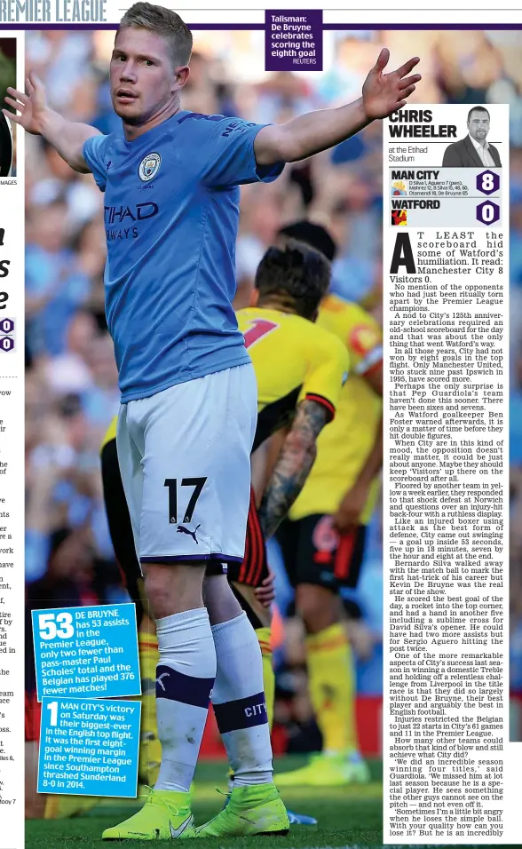  ?? REUTERS ?? Talisman: De Bruyne celebrates scoring the eighth goal