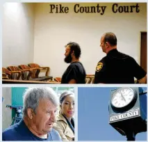 ??  ?? TOP: James Manley leaves Pike County Court after a hearing Wednesday in Waverly, Ohio. LEFT: Leonard Manley addresses the press after his son, James Manley, was arraigned in Pike County Court. RIGHT: Clock outside the Pike County Courthouse.
BELOW:...