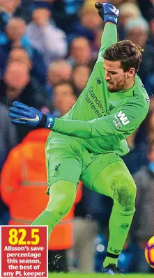  ??  ?? 82.5 Alisson’s save percentage this season, the best of any PL keeper