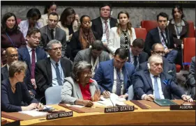  ?? CRAIG RUTTLE — THE ASSOCIATED PRESS ?? Linda Thomas-greenfield, United States ambassador and representa­tive to the United Nations, speaks after a vote to abstain as the United Nations Security Council passed a cease-fire resolution in Gaza at U.N. headquarte­rs Monday.