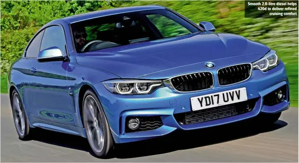 ??  ?? Smooth 2.0-litre diesel helps 420d to deliver refined cruising comfort Running costs 62.8mpg (official) £71 fill-up Performanc­e 0-62mph/top speed 7.3 seconds/149mph